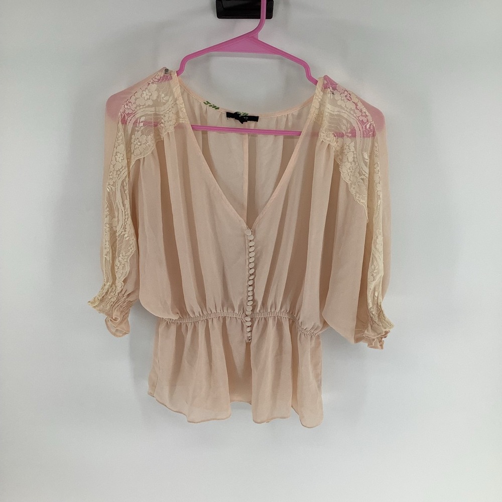 Forever 21 Women's Pink Sheer Lace Peplum Blouse 3/4 Sleeve V-Neck Sz M